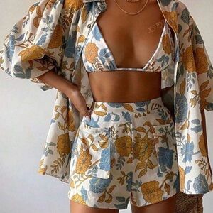 SHEIN Floral 3 piece set blouse, bralette and matching shortsBlue, Yellow, White